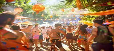 男同网上海夏日聚会活动现场，户外派对氛围热烈，参与者在阳光下欢聚，体现男同网线下活动的温暖与活力